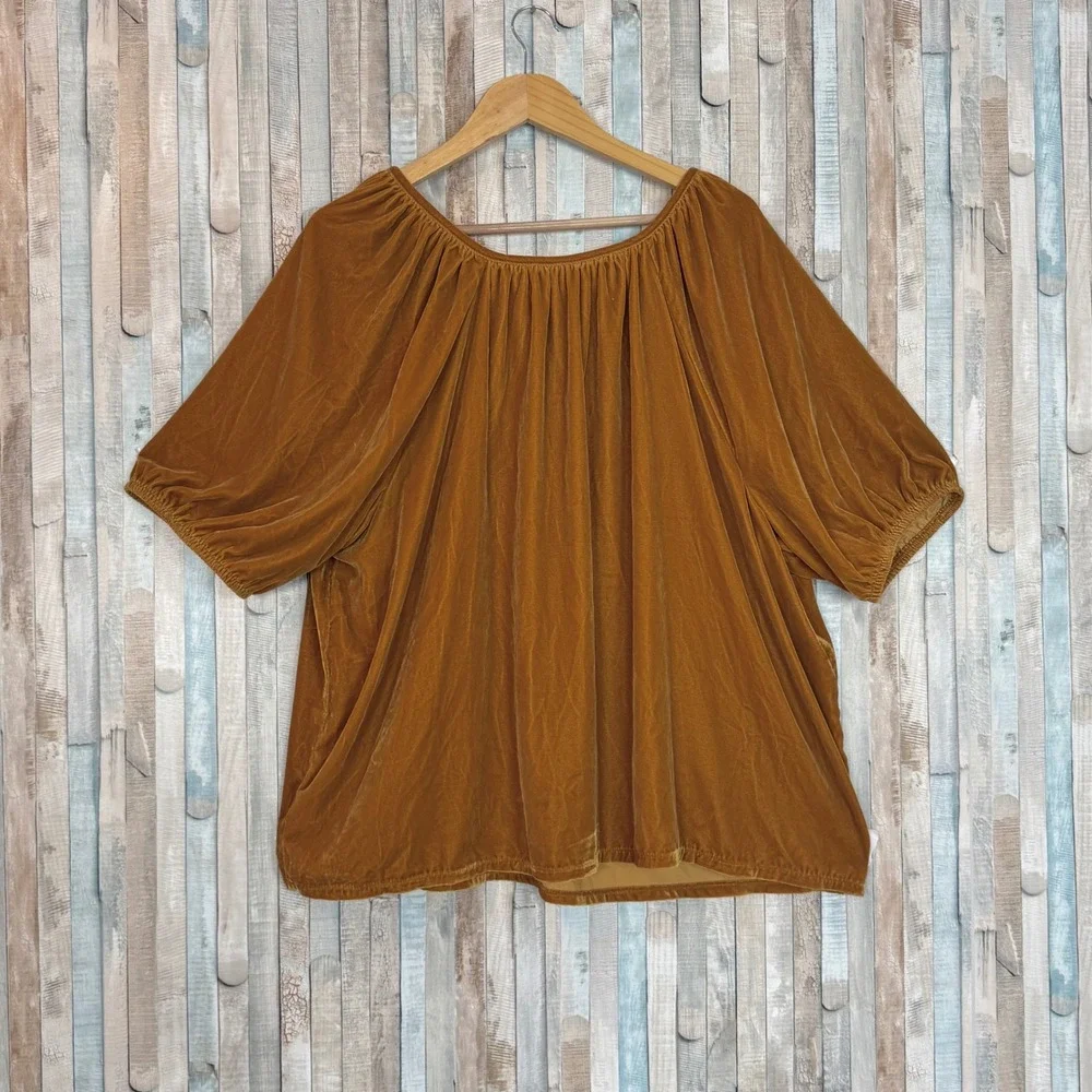 Old Navy 3X Ochre Mustard Gold Velvet Velour Puff Sleeve Split Neck Blouse Top